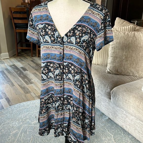 Boho paisley flowy button down vneck dress - Picture 1 of 6